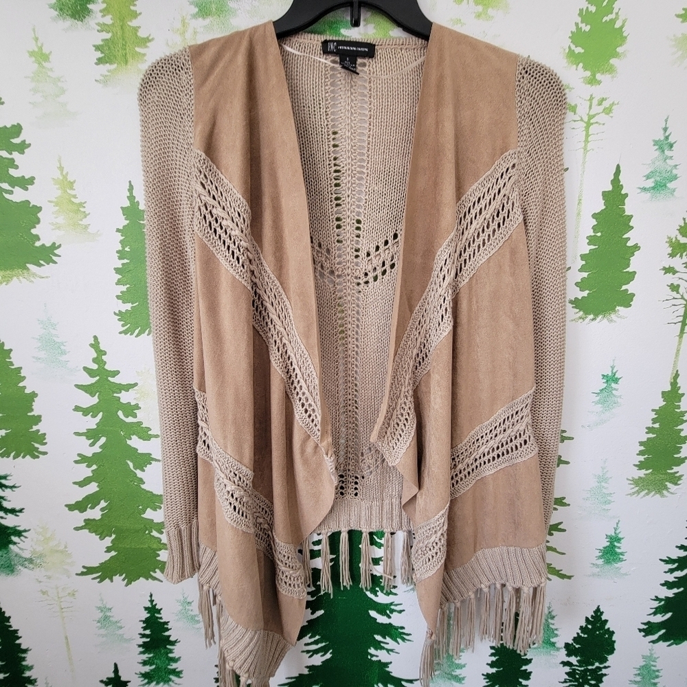 INC International Concepts Faux Suede Open Fringe Cardigan.